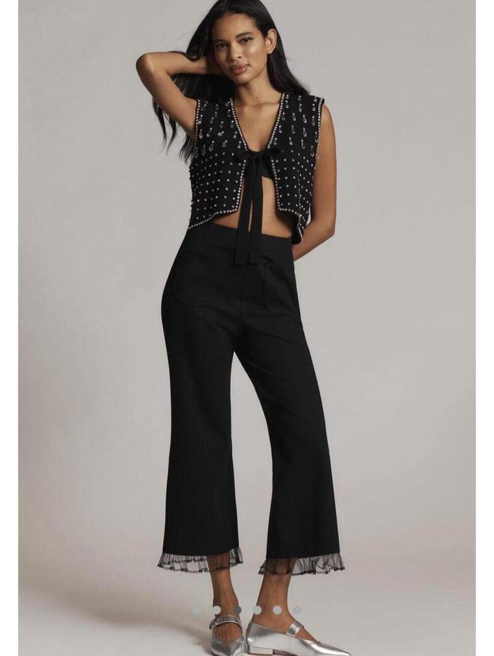NWOT Maeve Colette Black Ponte Ruffle Hem Crop Wide Leg pants 30